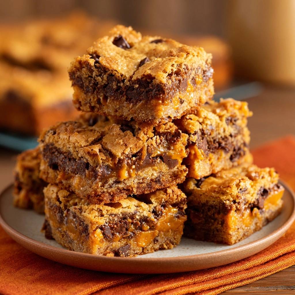 Karamell-Schoko-Blondies im Anschnitt zeigen die geschichteten Schichten aus Schokolade und Karamell. Diese Blondies sind perfekt gebacken und laden zum Genießen ein.