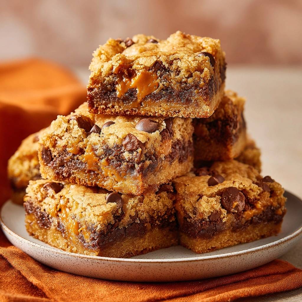 Karamell-Schoko-Blondies im Nahaufnahme zeigen die geschmolzene Karamell-Füllung und schokoladige Stückchen. Diese Blondies sind perfekt gebacken und unwiderstehlich lecker.