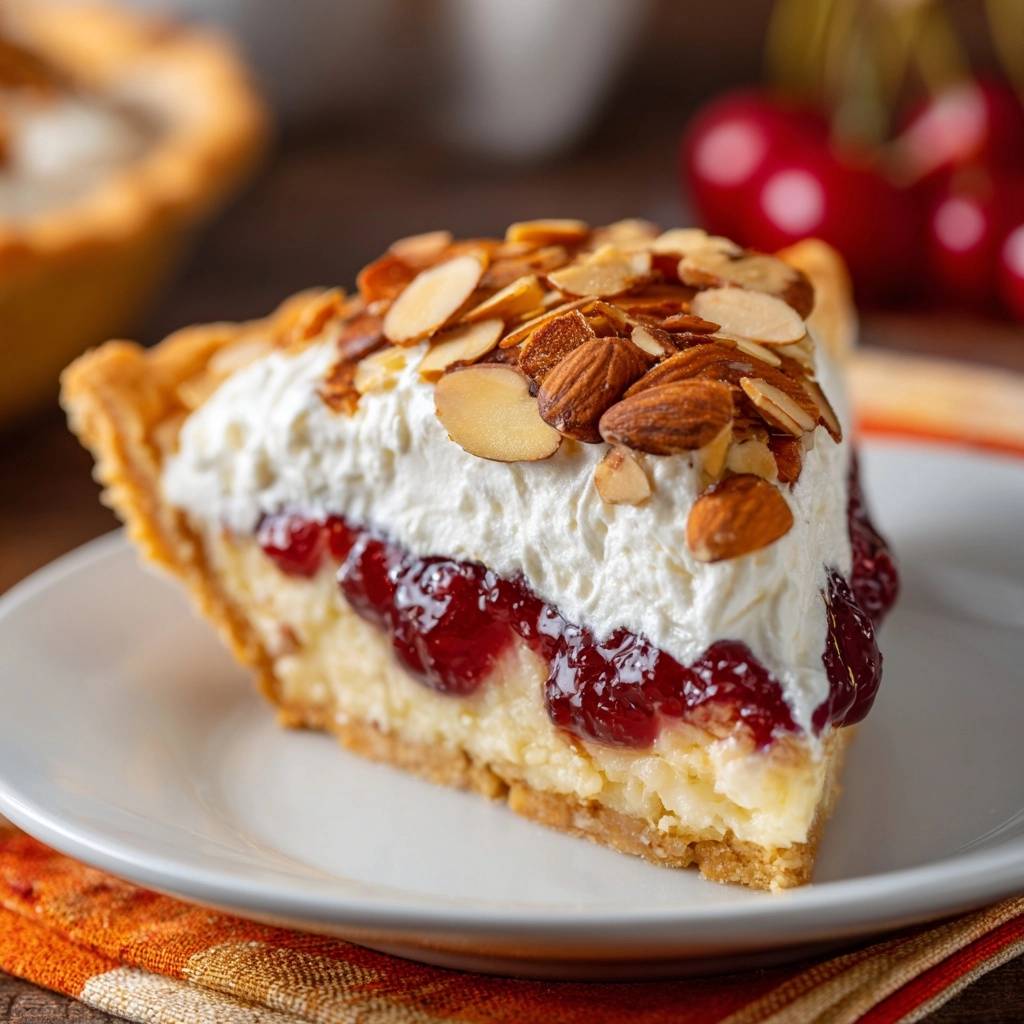 Kirsch-Mandel-Cremetorte in einer Nahaufnahme, serviert auf einem weißen Teller. Ein köstlicher Querschnitt zeigt die verschiedenen Schichten und Mandelsplitter.