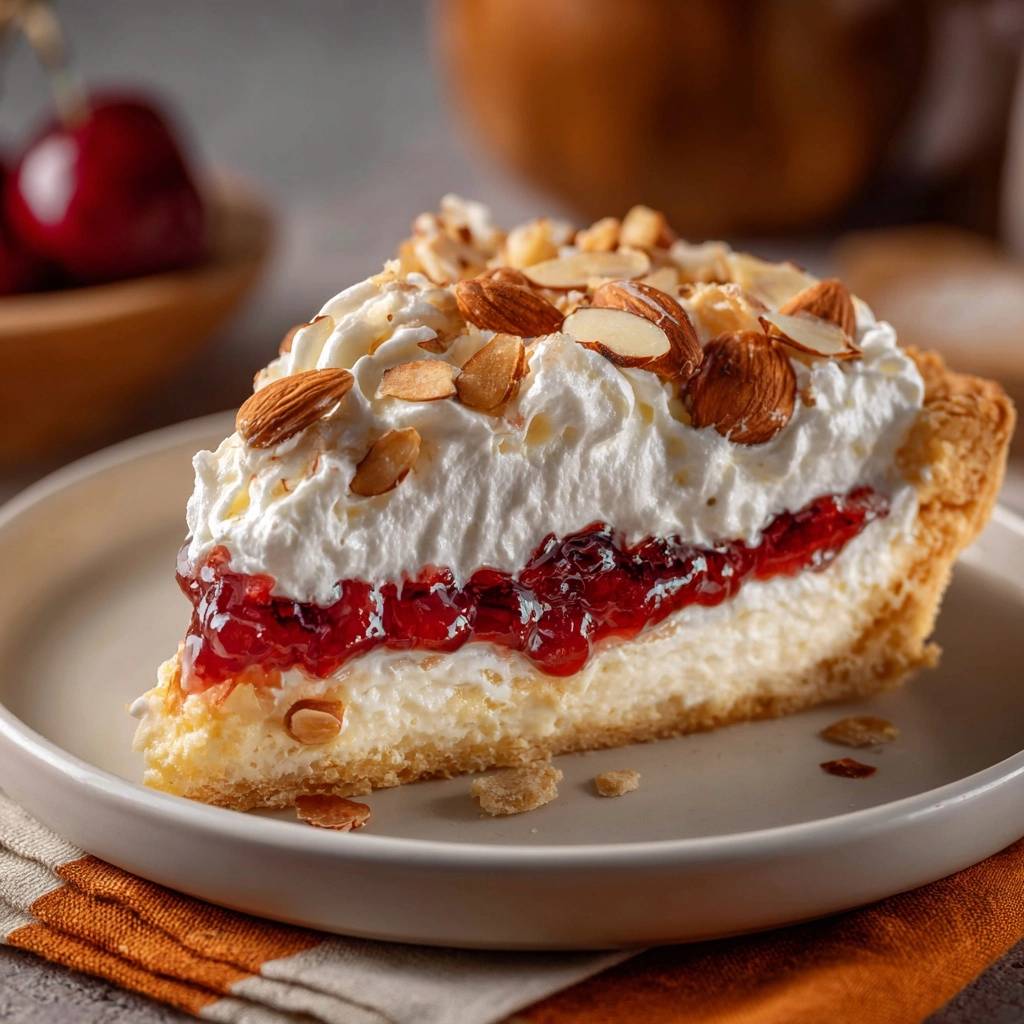 Kirsch-Mandel-Cremetorte in einer Nahaufnahme, serviert auf einem Teller. Der Anschnitt zeigt die cremige Füllung, die Kirschen und die Mandeln.