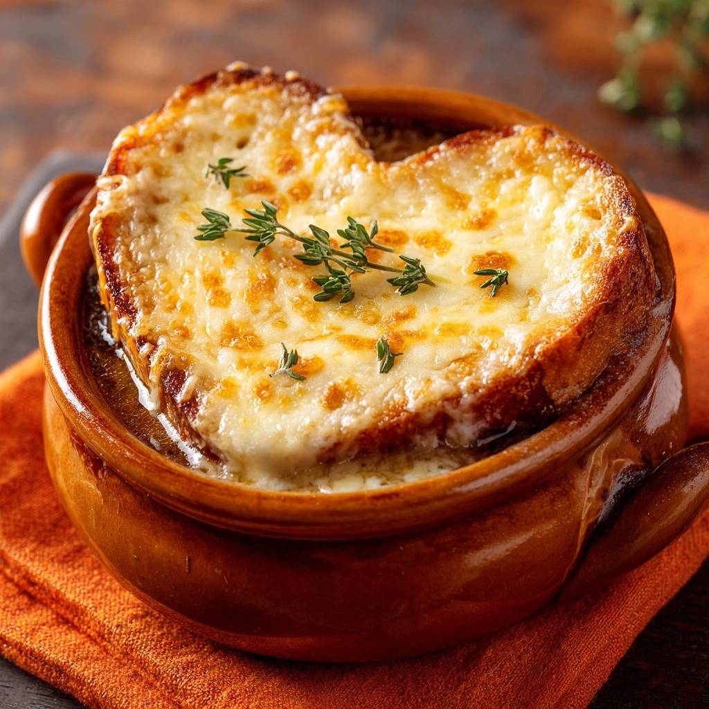 Klassische Französische Zwiebelsuppe in einer Keramikschale, garniert mit frischen Kräutern und geschmolzenem Käse, Nahaufnahme.