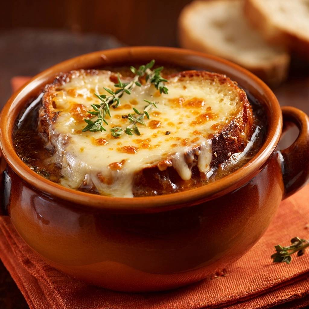 Klassische französische Zwiebelsuppe mit einer dicken Schicht geschmolzenem Käse und frischen Kräutern garniert.