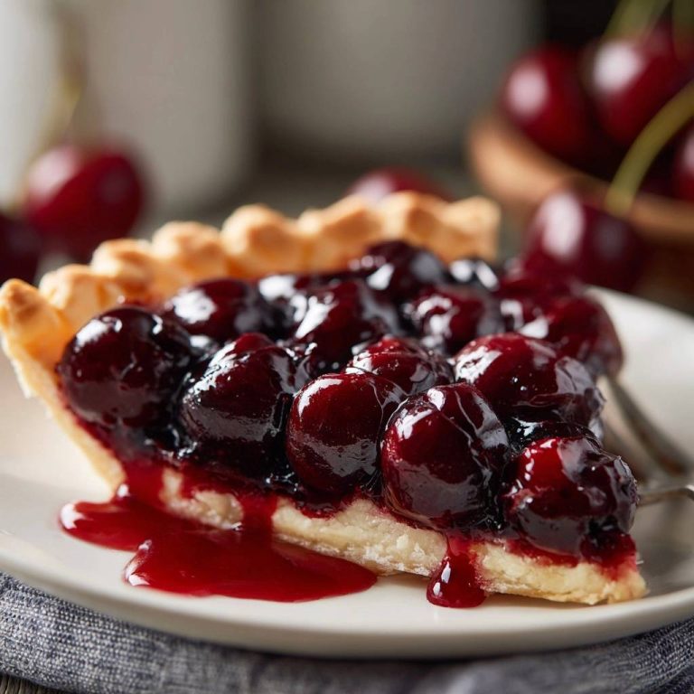 Klassische Kirschtarte mit Mürbeteig zeigt einen verlockenden Querschnitt, der die saftigen Kirschen und den knusprigen Teig präsentiert.