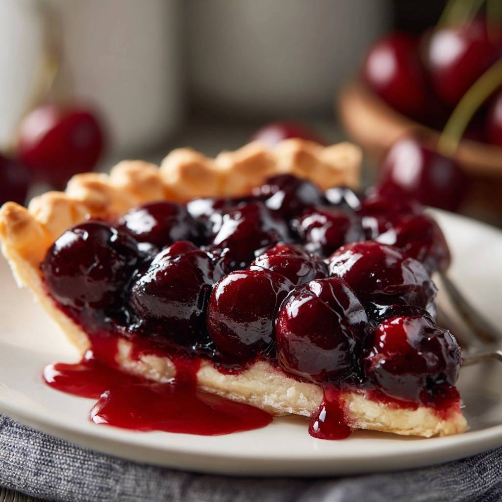Klassische Kirschtarte mit Mürbeteig zeigt einen verlockenden Querschnitt, der die saftigen Kirschen und den knusprigen Teig präsentiert.
