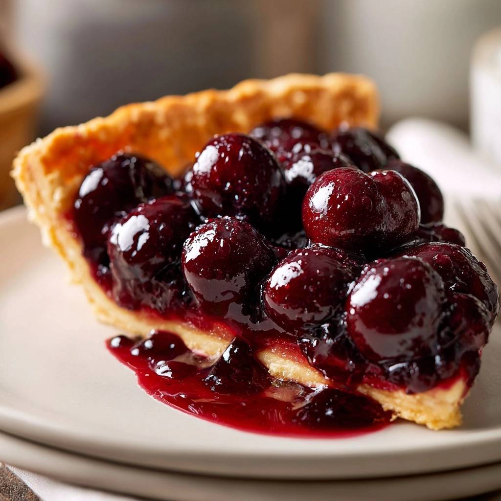 Klassische Kirschtarte Querschnitt Serviert 1 Klassische Kirschtarte mit Mürbeteig, serviert als köstliche Scheibe, zeigt eine Nahaufnahme des saftigen Kirschbelags und den knusprigen Teig.