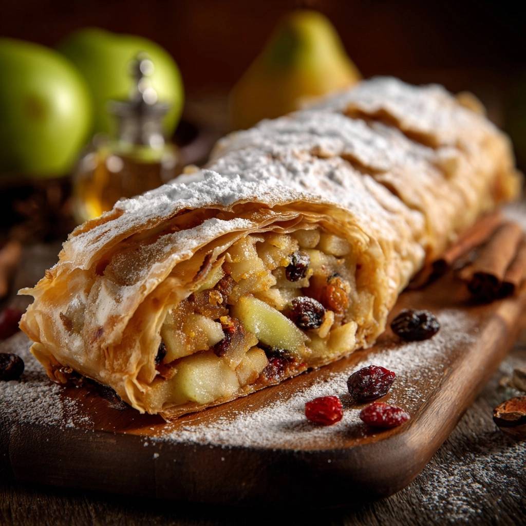 Klassischer Apfelstrudel mit einer Nahaufnahme des Anschnitts, der die saftige Apfel-Rosinen-Füllung zeigt, perfekt für den Genuss.