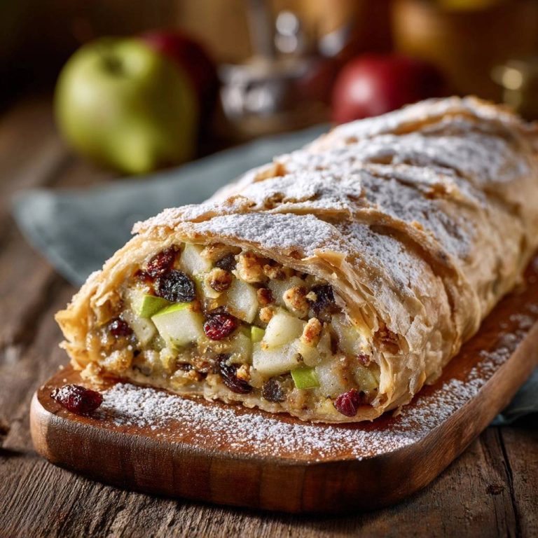 Klassischer Apfelstrudel, eine Nahaufnahme des Anschnitts, zeigt die saftige Apfelfüllung mit Rosinen, Nüssen und Cranberries.