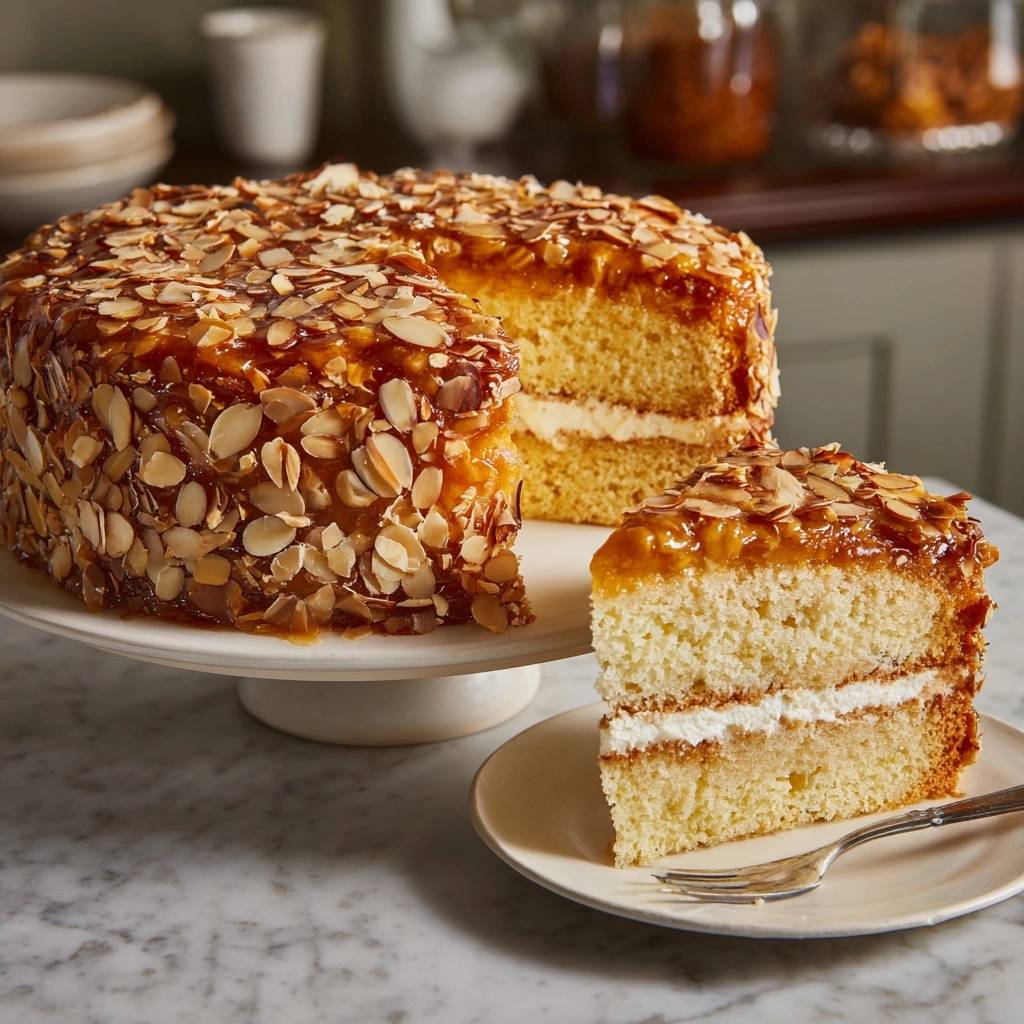 Klassischer Bienenstich präsentiert einen Anschnitt, der die cremige Füllung und den goldbraunen Kuchenteig zeigt, serviert auf einem Teller.