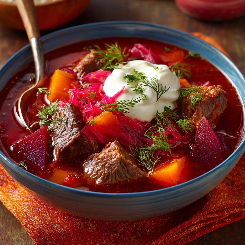 Klassischer Borschtsch Serviert Mit Sahne 1 Klassischer Borschtsch serviert in einer blauen Schüssel, garniert mit frischem Dill und einem Klecks Sahne. Die leuchtend rote Suppe enthält Rindfleisch und Rote Bete.
