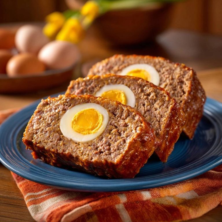 Klassischer Falscher Hase, ein saftiger Hackbraten, zeigt hier einen detaillierten Querschnitt mit perfekt gekochtem Ei.