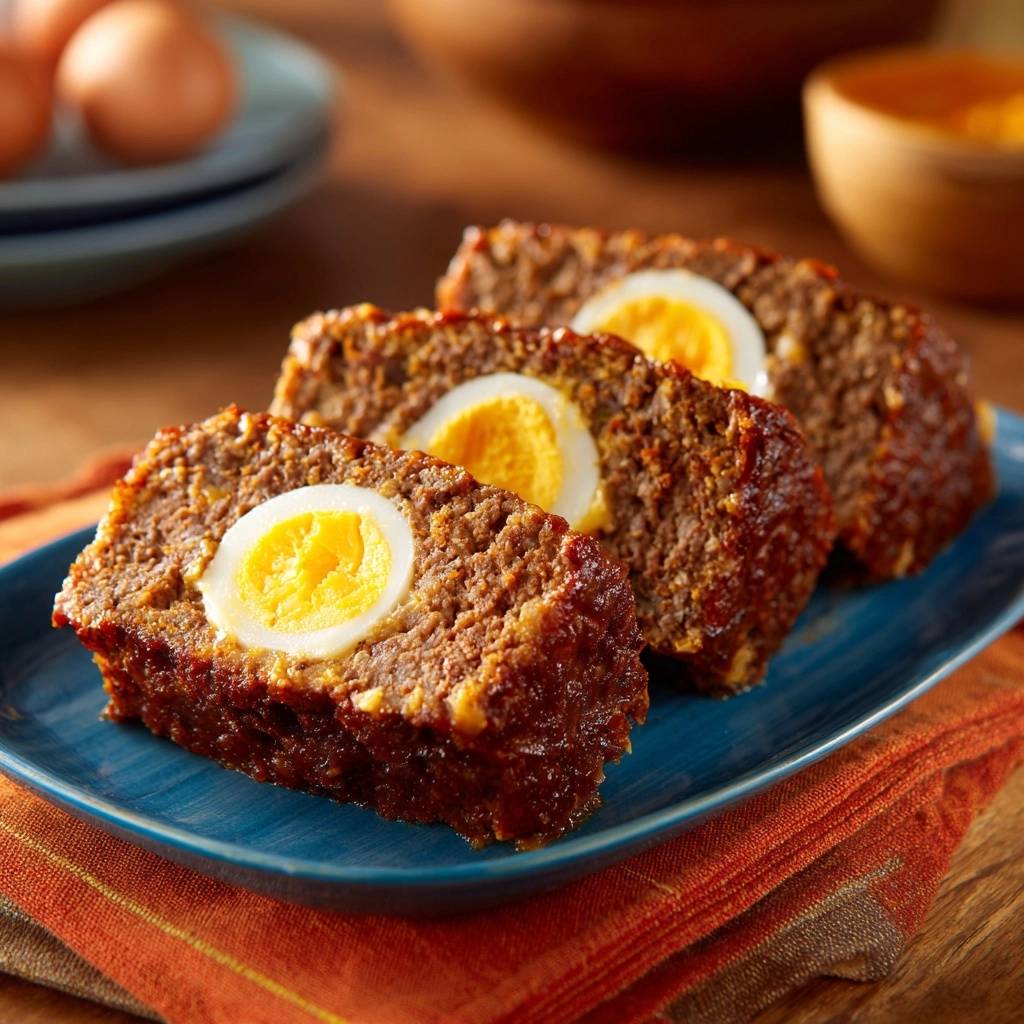 Klassischer Falscher Hase, ein saftiger Hackbraten, zeigt hier seine köstliche Innenansicht mit hartgekochten Eiern im Detail.