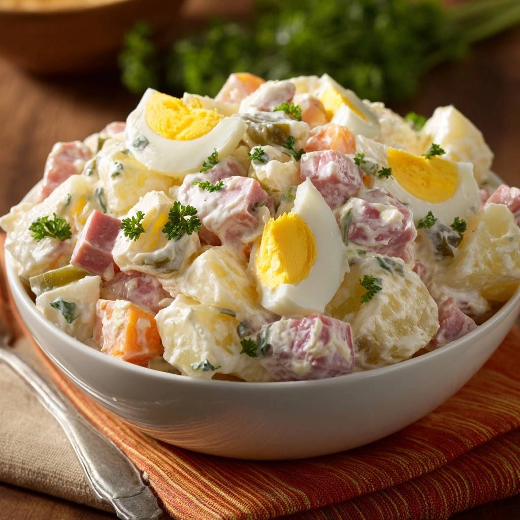Klassischer Kartoffelsalat mit Ei und Schinken in einer Nahaufnahme, der die cremige Textur und die frischen Zutaten zeigt.