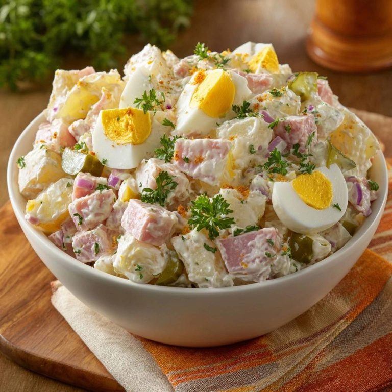 Klassischer Kartoffelsalat mit Ei und Schinken serviert in einer weißen Schüssel, garniert mit frischer Petersilie und Gewürzen.