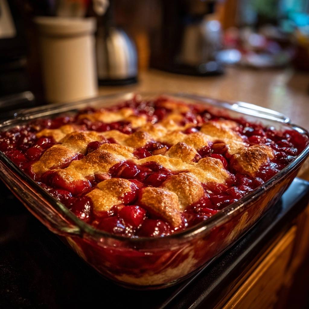 Klassischer Kirsch Cobbler Nahaufnahme 1 Klassischer Kirsch-Cobbler in einer Nahaufnahme, der die goldbraune Kruste und die fruchtige Kirschfüllung zeigt.