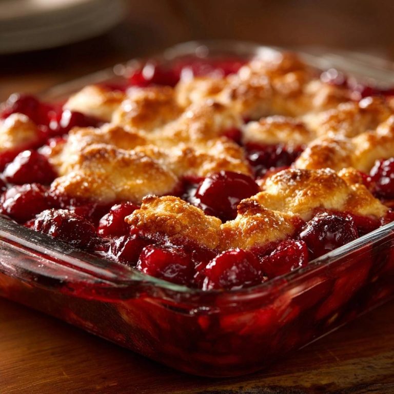 Klassischer Kirsch-Cobbler in Nahaufnahme, gebacken in einer Glasform, mit goldenen, leicht gebräunten Teigstücken. Die süßen Kirschen schimmern rot.