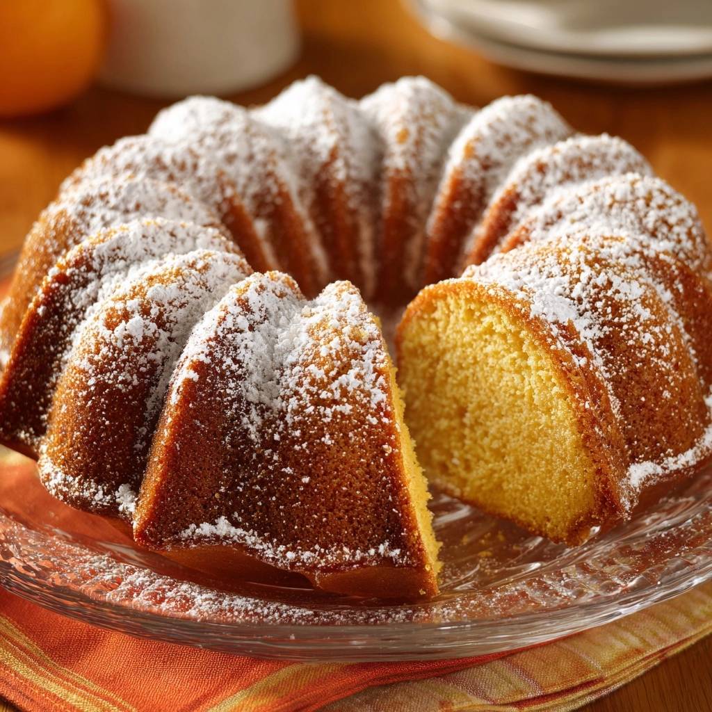 Klassischer Orangen-Gugelhupf mit Puderzucker bestäubt, in Nahaufnahme mit angeschnittener Scheibe, die das saftige Innere zeigt.