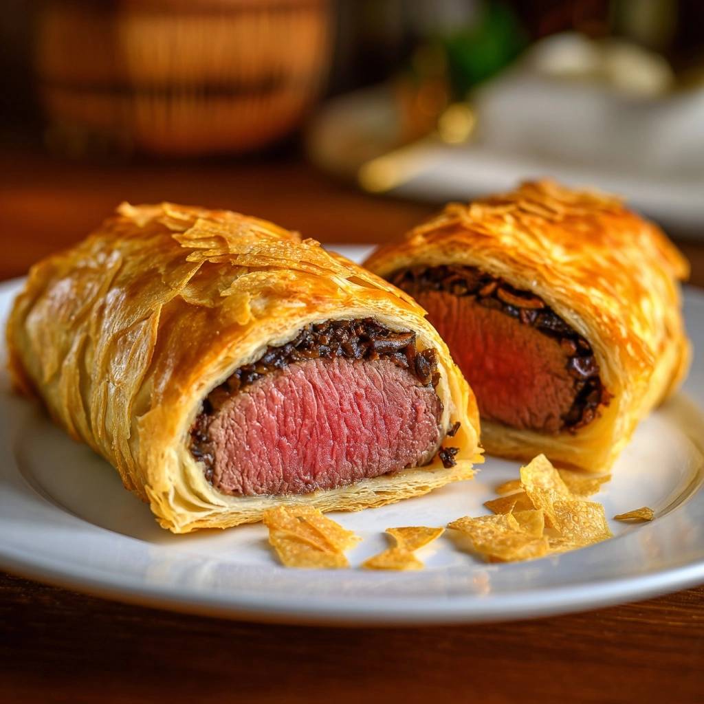 Klassisches Beef Wellington, angeschnitten, zeigt einen saftigen Fleischkern und eine knusprige Kruste. Ein köstlicher Blick auf die Innenseite dieses klassischen Gerichts.