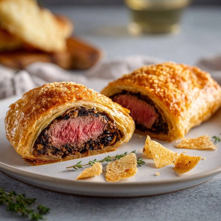 Klassisches Beef Wellington, serviert auf einem Teller, zeigt einen verlockenden Querschnitt mit perfekt gebratenem Fleisch und Pilzfüllung.