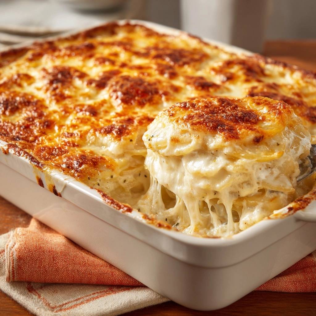 Klassisches Kartoffelgratin in Nahaufnahme: Ein Löffel zeigt den geschmolzenen Käse und die cremigen Kartoffelscheiben. Das Gratin ist frisch gebacken.