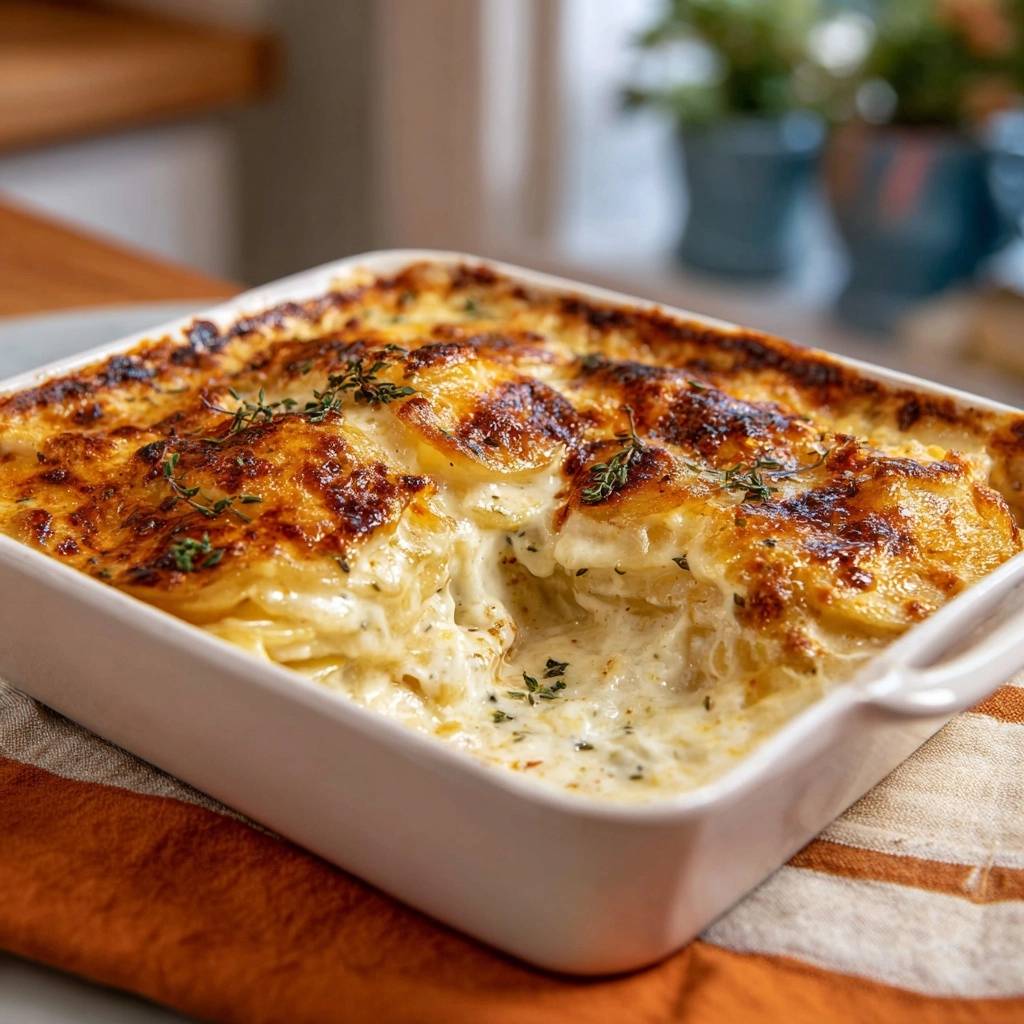 Klassisches Kartoffelgratin mit goldbrauner Kruste, zeigt einen cremigen Querschnitt des Auflaufs und frische Kräuter.