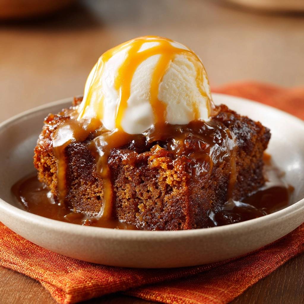 Klebriger Dattel Toffee Pudding Serviert 1 Klebriger Dattel-Toffee-Pudding serviert in einer Schüssel mit Vanilleeis und karamellartiger Sauce, perfekt angerichtet.