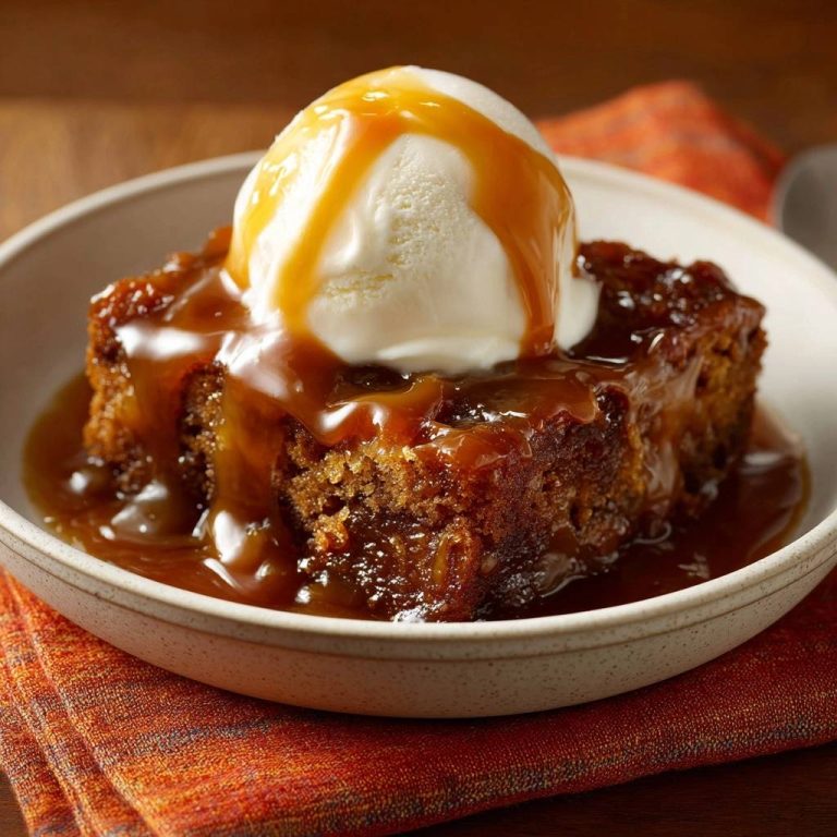 Klebriger Dattel-Toffee-Pudding serviert in einer Schüssel mit einer Kugel Vanilleeis und reichlich Toffee-Sauße. Ein unwiderstehliches Dessert.
