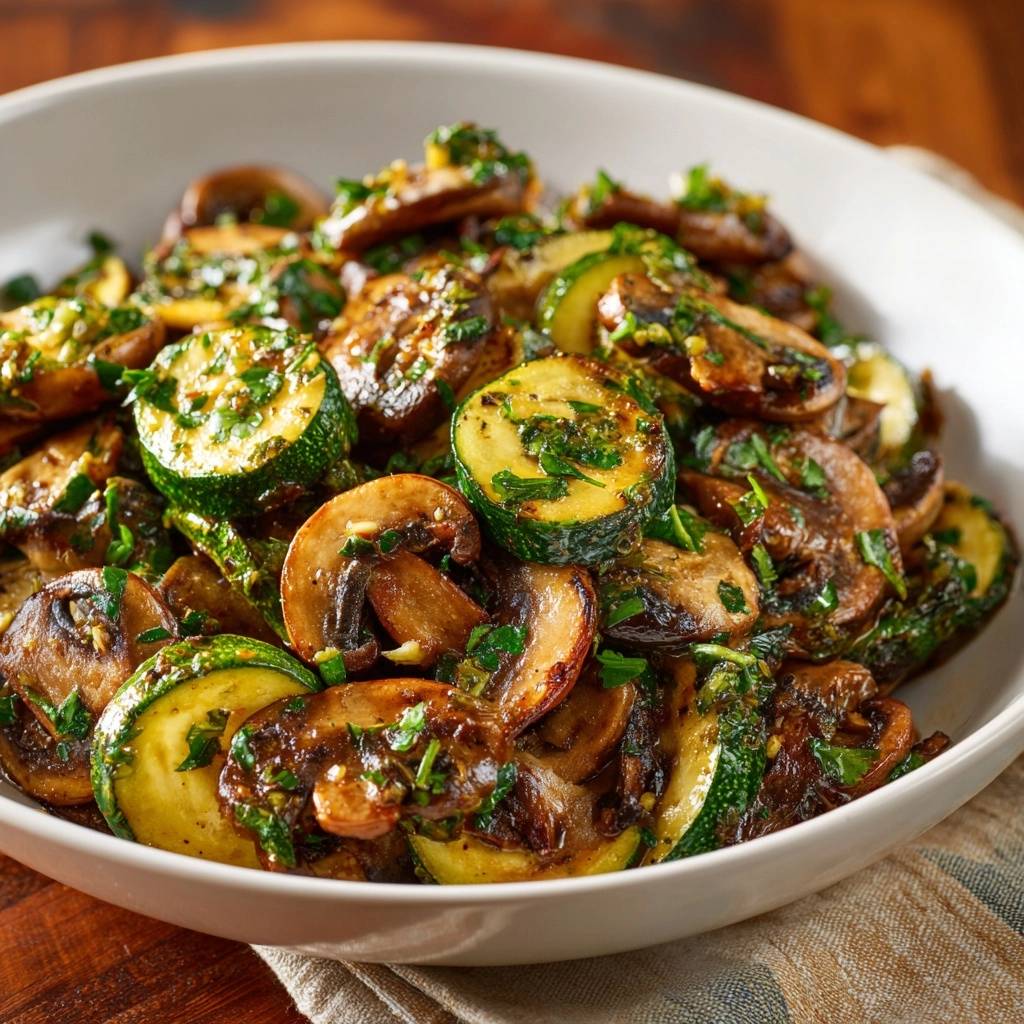 Knackige Zucchini Champignon Pfanne Draufsicht 1 Knackige Zucchini-Champignon-Pfanne in einer weißen Schüssel, eine appetitliche Draufsicht, die die gebratenen Zutaten zeigt.