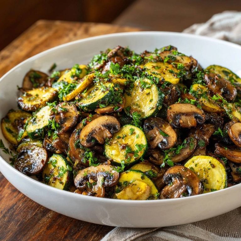 Knackige Zucchini-Champignon-Pfanne in einer weißen Schüssel serviert, mit frischen Kräutern garniert und von oben fotografiert.