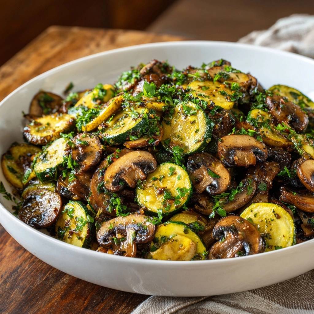 Knackige Zucchini-Champignon-Pfanne in einer weißen Schüssel serviert, mit frischen Kräutern garniert und von oben fotografiert.