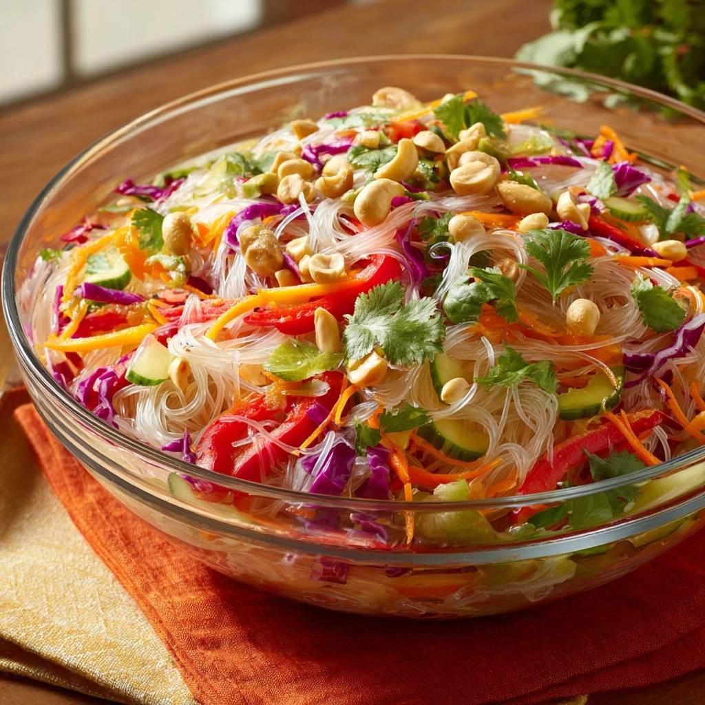 Knackiger Glasnudelsalat Draufsicht Serviert 1 Knackiger Glasnudelsalat in einer großen Glasschüssel serviert, mit frischem Gemüse und knusprigen Cashewnüssen garniert.