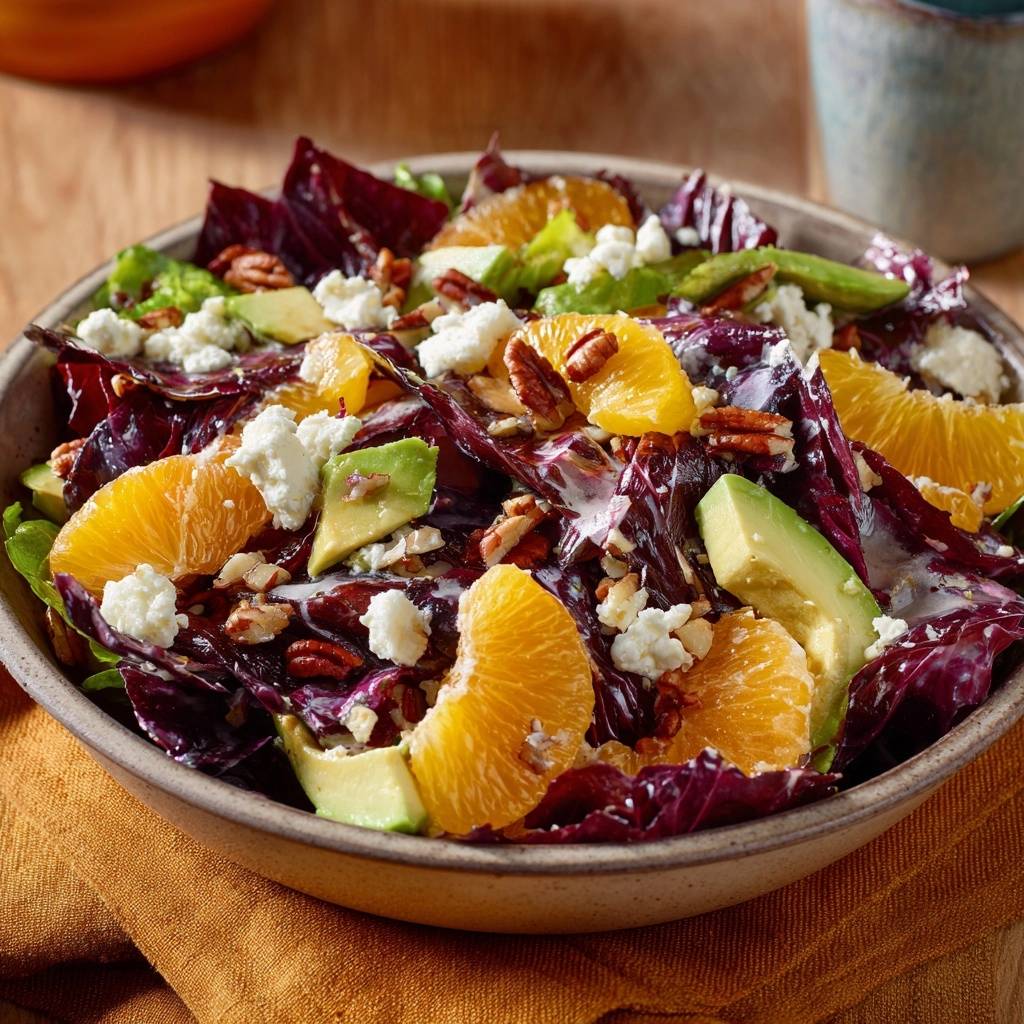 Knackiger Radicchio-Orangen-Avocado-Salat in einer Schüssel aus der Vogelperspektive, serviert mit frischen Zutaten.