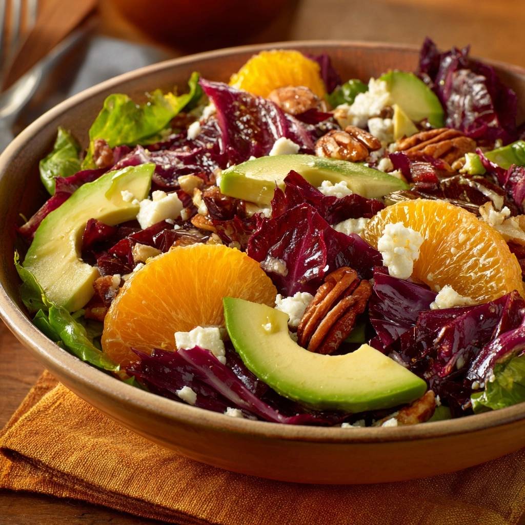 Knackiger Radicchio-Orangen-Avocado-Salat in Nahaufnahme, garniert mit Avocado, Orangen und Pekannüssen, serviert in einer Holzschale.