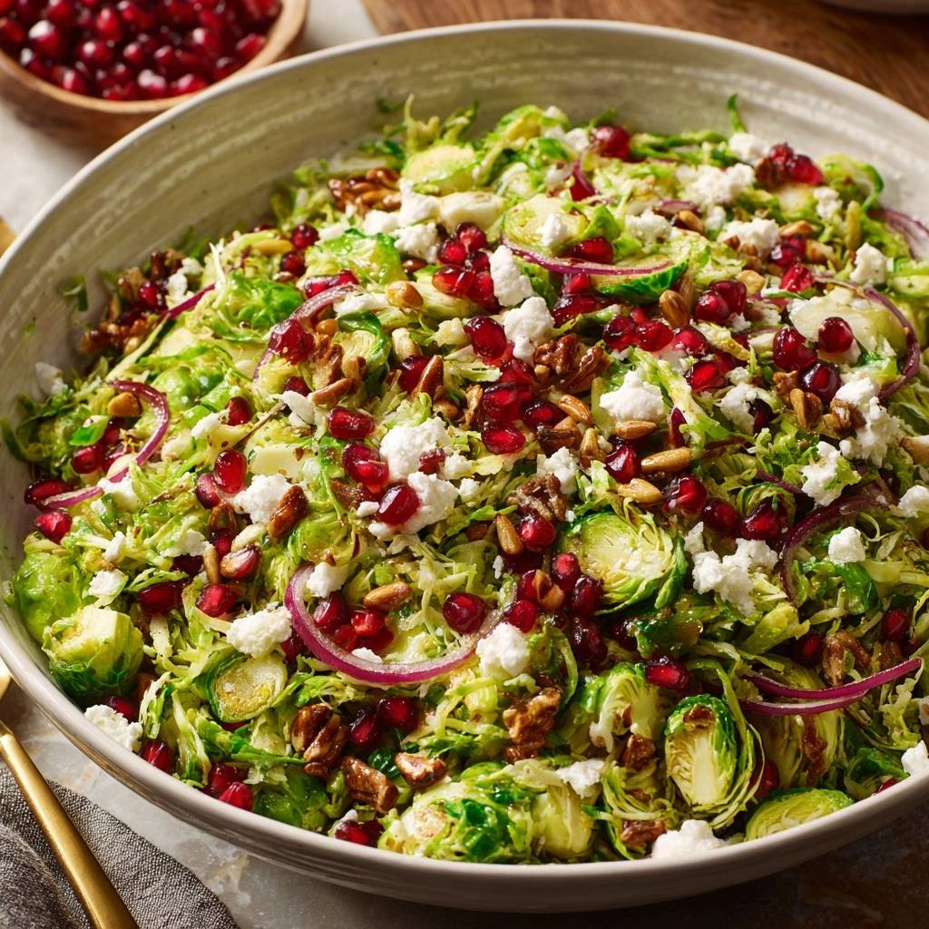 Knackiger Rosenkohl-Salat mit Granatapfel, Feta und Mandeln in einer Schüssel, von oben gesehen, mit frischen Zutaten.