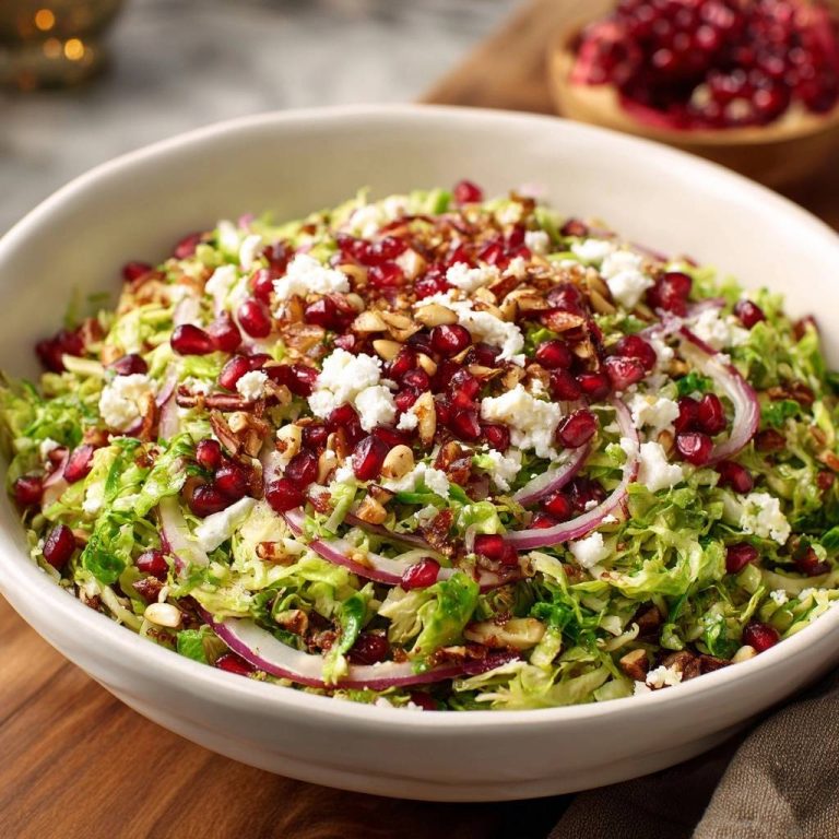 Knackiger Rosenkohl-Salat mit Granatapfel, Feta und Mandeln in einer weißen Schüssel von oben gesehen, mit frischen Zutaten.