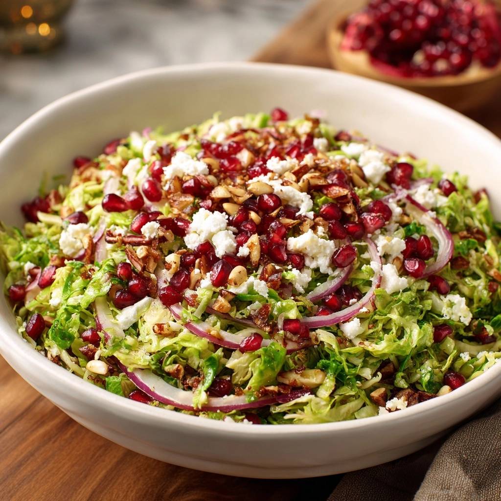 Knackiger Rosenkohl-Salat mit Granatapfel, Feta und Mandeln in einer weißen Schüssel von oben gesehen, mit frischen Zutaten.