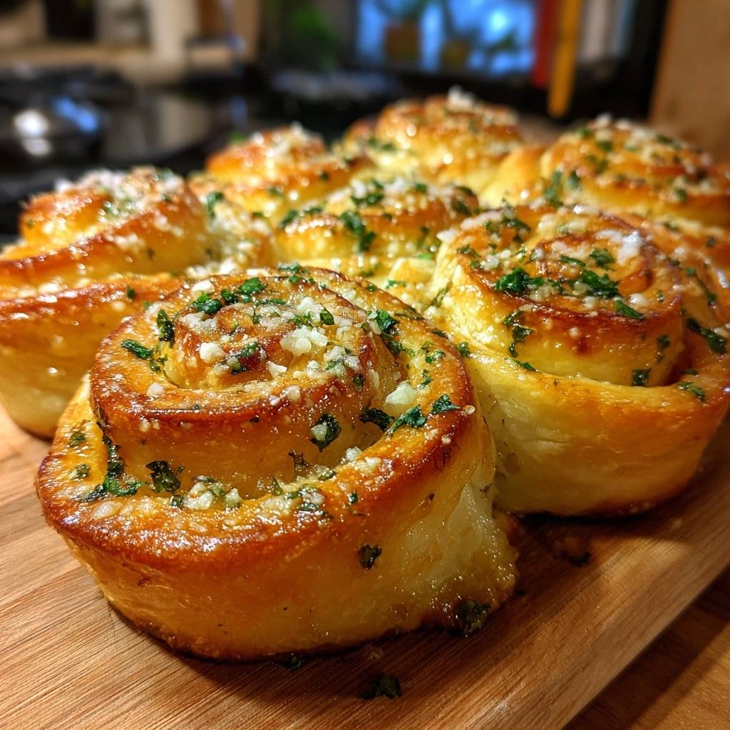Knoblauch-Petersilie-Parmesan-Schnecken in Nahaufnahme, goldbraun gebacken, mit frischer Petersilie und Knoblauch garniert, auf einem Holzbrett.
