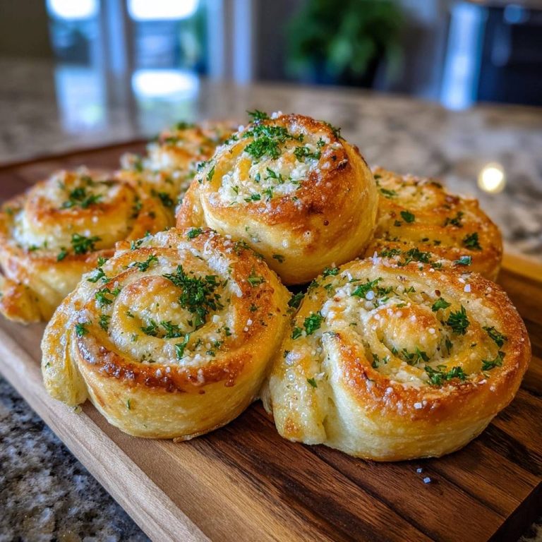 Knoblauch-Petersilie-Parmesan-Schnecken in Nahaufnahme, garniert mit frischer Petersilie und grobem Salz, serviert auf einem Holzbrett.