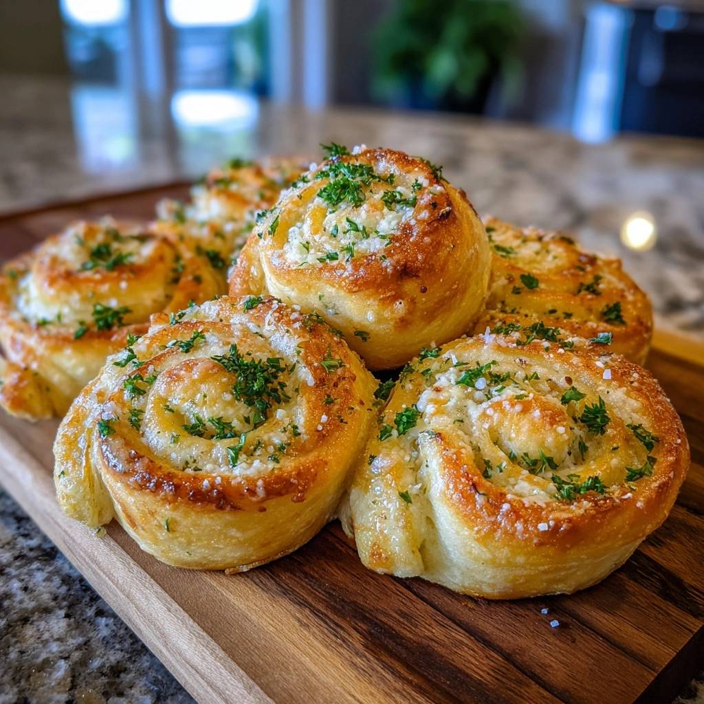 Knoblauch-Petersilie-Parmesan-Schnecken in Nahaufnahme, garniert mit frischer Petersilie und grobem Salz, serviert auf einem Holzbrett.