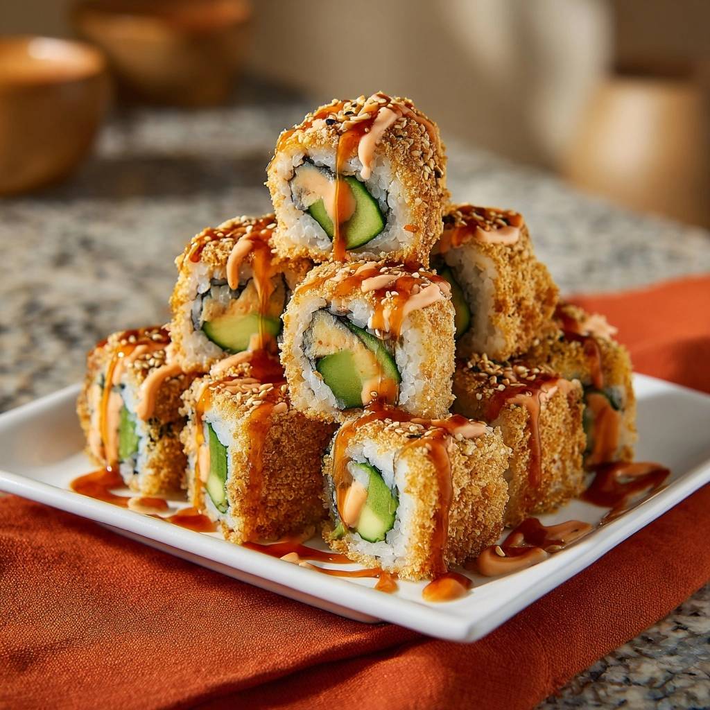 Knusprige Avocado-Sushi-Bites, kunstvoll gestapelt auf einem weißen Teller, mit köstlichen Soßen dekoriert und mit Sesam bestreut.