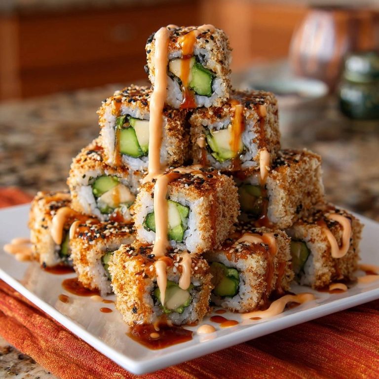 Knusprige Avocado-Sushi-Bites, kunstvoll gestapelt und mit Sauce beträufelt, serviert auf einem weißen Teller, ein köstlicher Genuss.