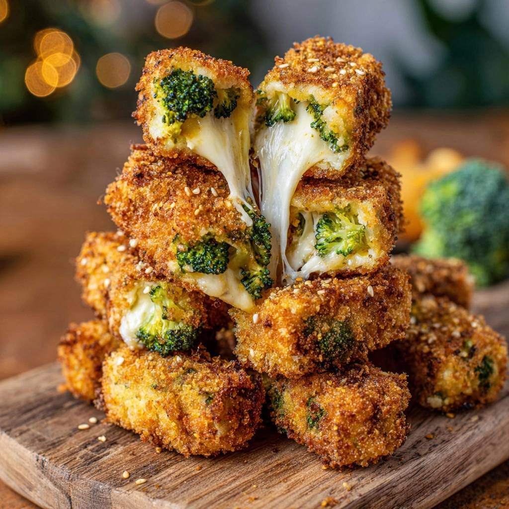 Knusprige Brokkoli-Käse-Bites im Querschnitt, mit geschmolzenem Käse, der zwischen den knusprigen Teilen hervorquillt.