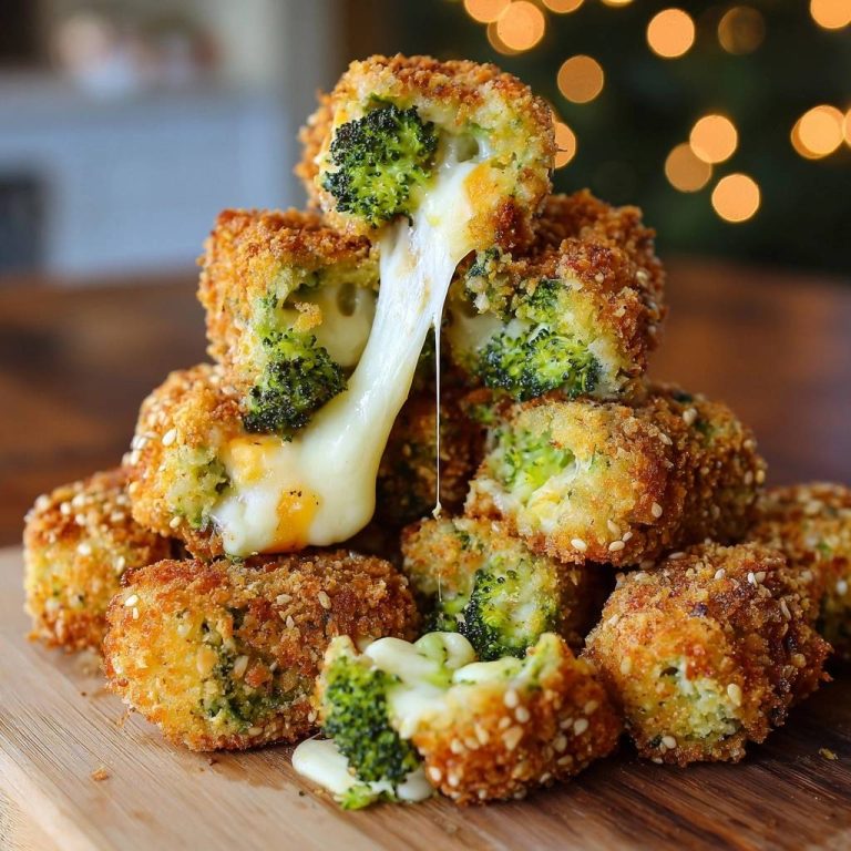 Knusprige Brokkoli-Käse-Bites im Querschnitt, mit geschmolzenem Käse, der aus der Mitte herausfließt. Die goldbraun gebackenen Bites sind auf einem Holzbrett angerichtet.