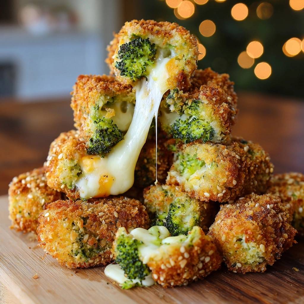 Knusprige Brokkoli-Käse-Bites im Querschnitt, mit geschmolzenem Käse, der aus der Mitte herausfließt. Die goldbraun gebackenen Bites sind auf einem Holzbrett angerichtet.