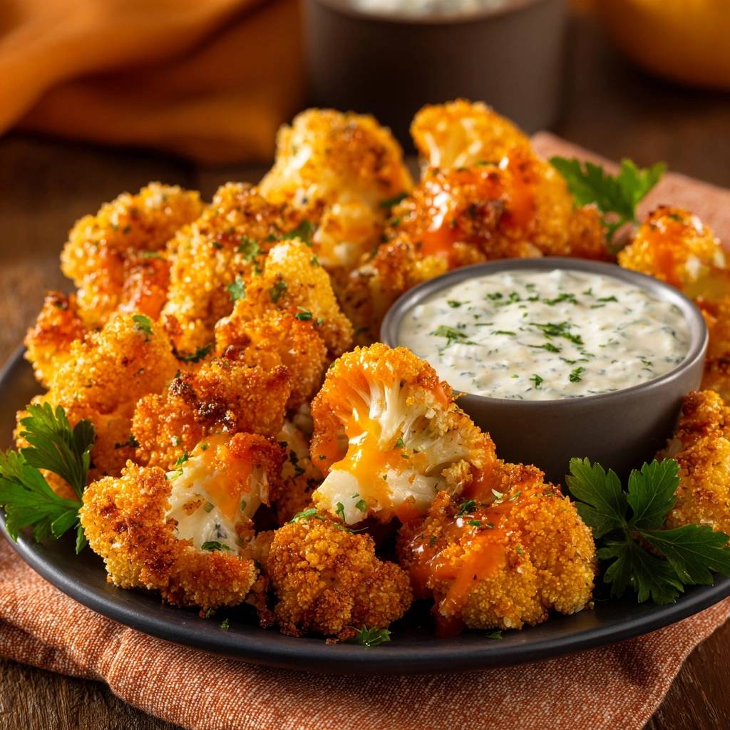 Knusprige Buffalo-Blumenkohl-Wings in Nahaufnahme. Ein Anschnitt zeigt die knusprige Panade und das zarte Blumenkohl-Innere.