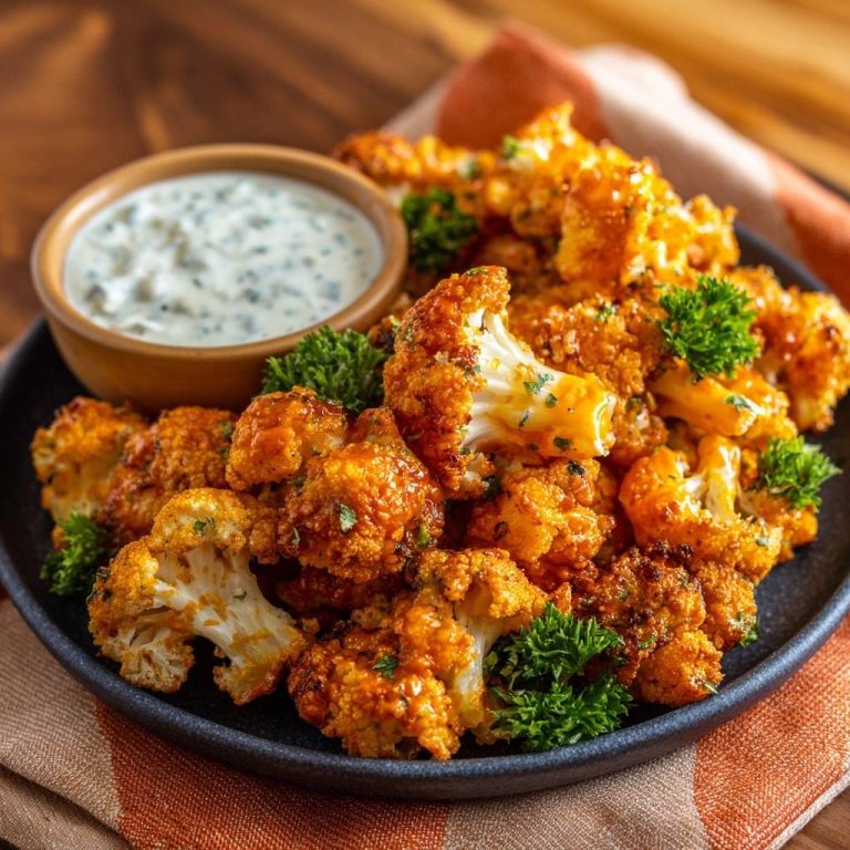 Knusprige Buffalo-Blumenkohl-Wings serviert auf einem schwarzen Teller, garniert mit frischer Petersilie und serviert mit einem kühlen Dip.