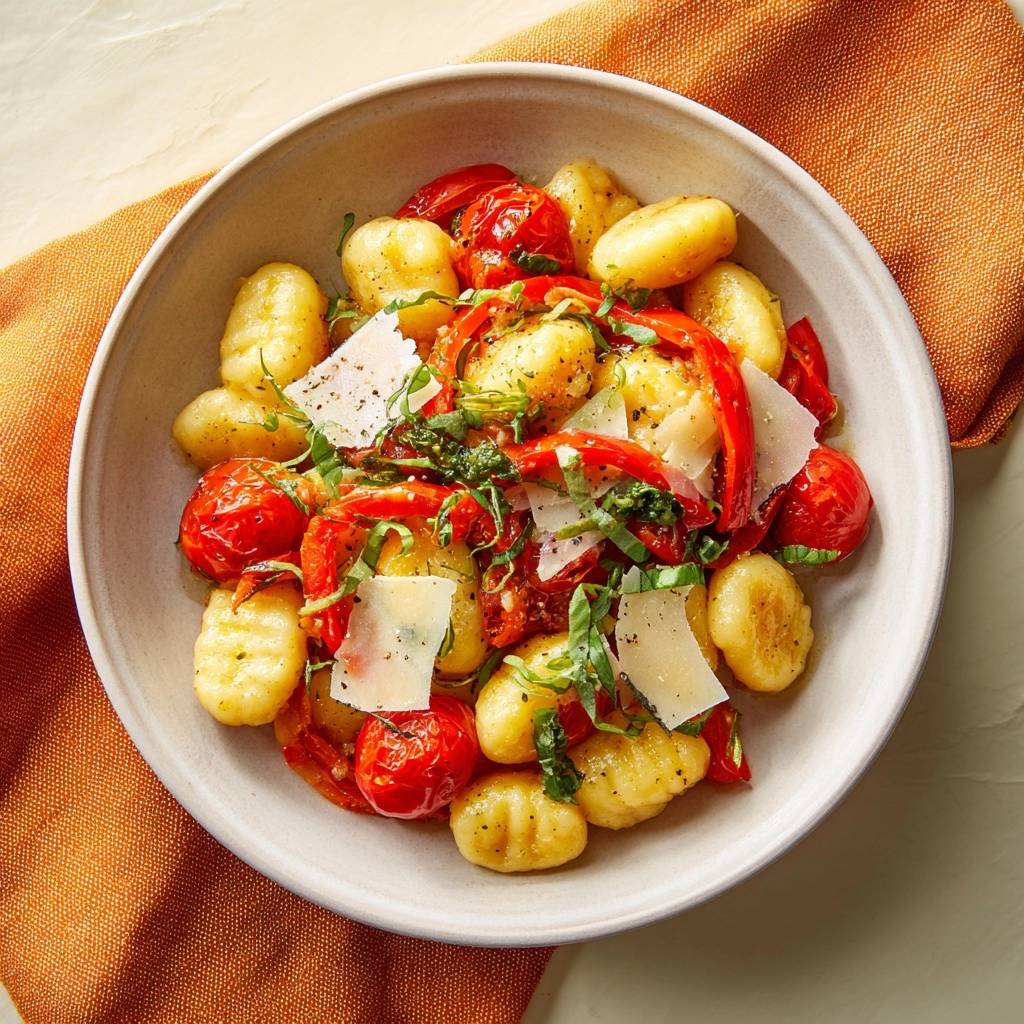 Knusprige Gnocchi mit gerösteten Tomaten und Paprika in einer Keramikschale, serviert aus der Vogelperspektive mit frischen Kräutern.