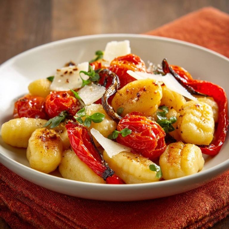 Knusprige Gnocchi mit gerösteten Tomaten & Paprika serviert in einer cremefarbenen Schüssel, garniert mit frischen Kräutern und Parmesan.