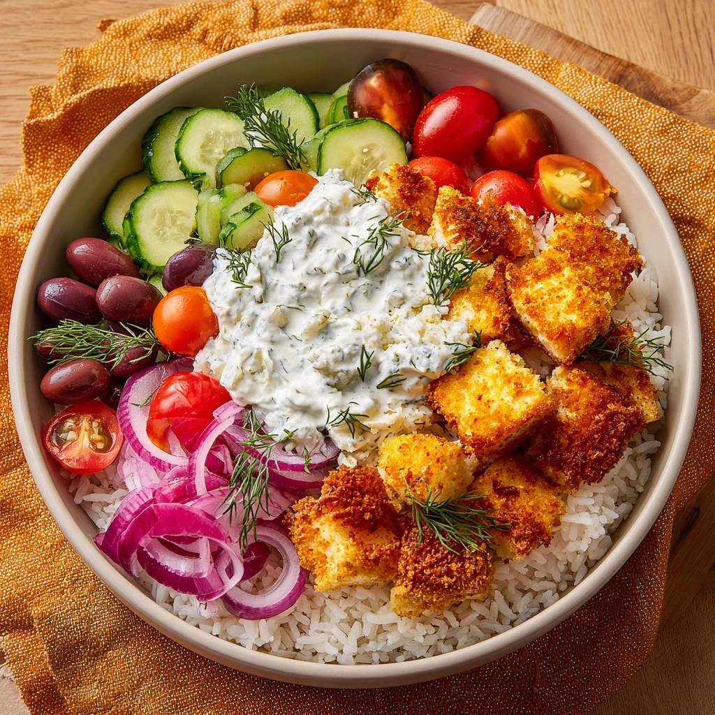 Knusprige Griechische Tofu-Bowl in einer Schüssel, von oben betrachtet. Saftige Tomaten, Gurken und knuspriger Tofu bilden ein köstliches Gericht.