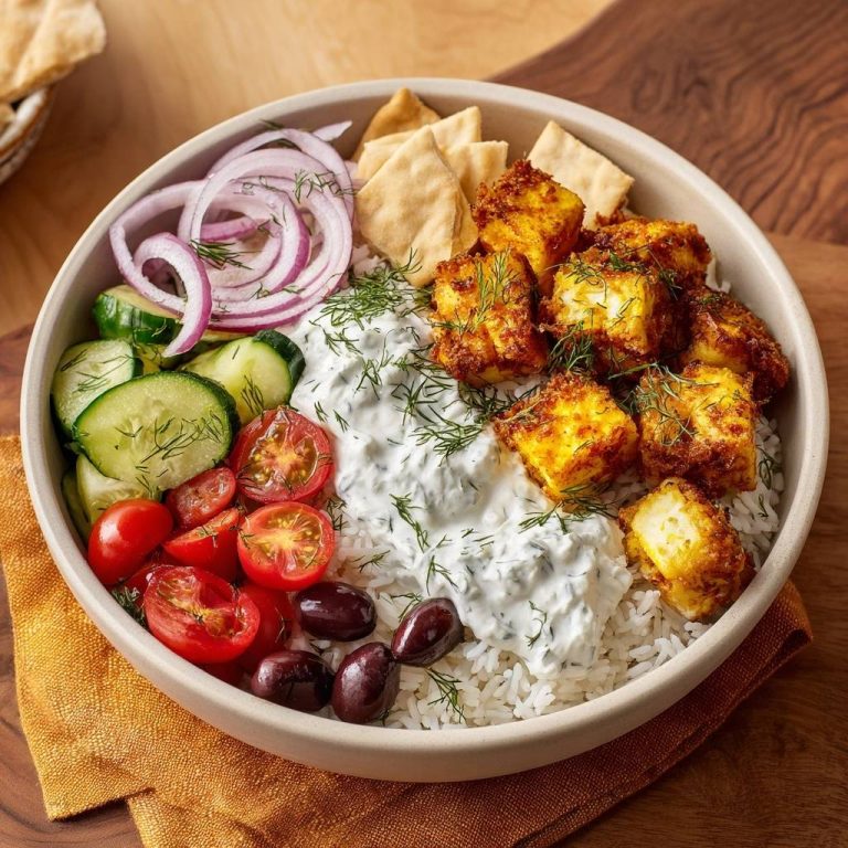 Knusprige Griechische Tofu-Bowl in einer Schüssel, von oben betrachtet, mit gebratenem Tofu, Reis und frischem Gemüse.