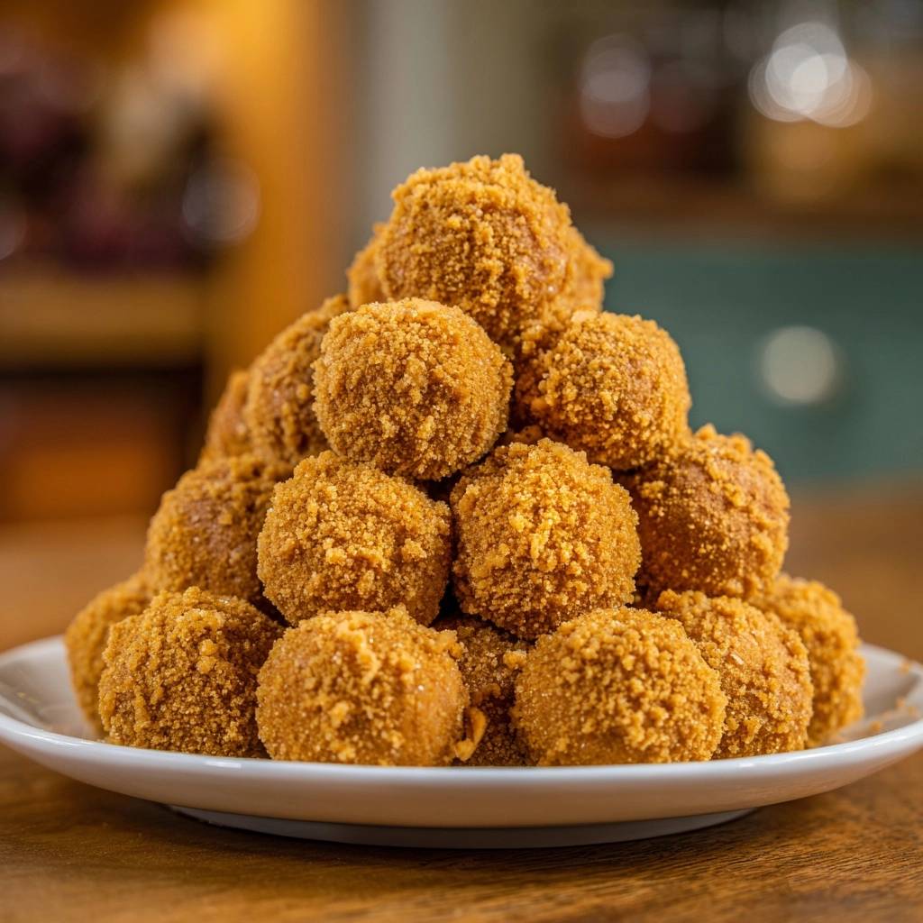 Knusprige Hähnchen-Nuggets in einer Pyramide auf einem Teller serviert, bereit zum Genuss. Die goldbraune Kruste ist hier deutlich zu sehen.